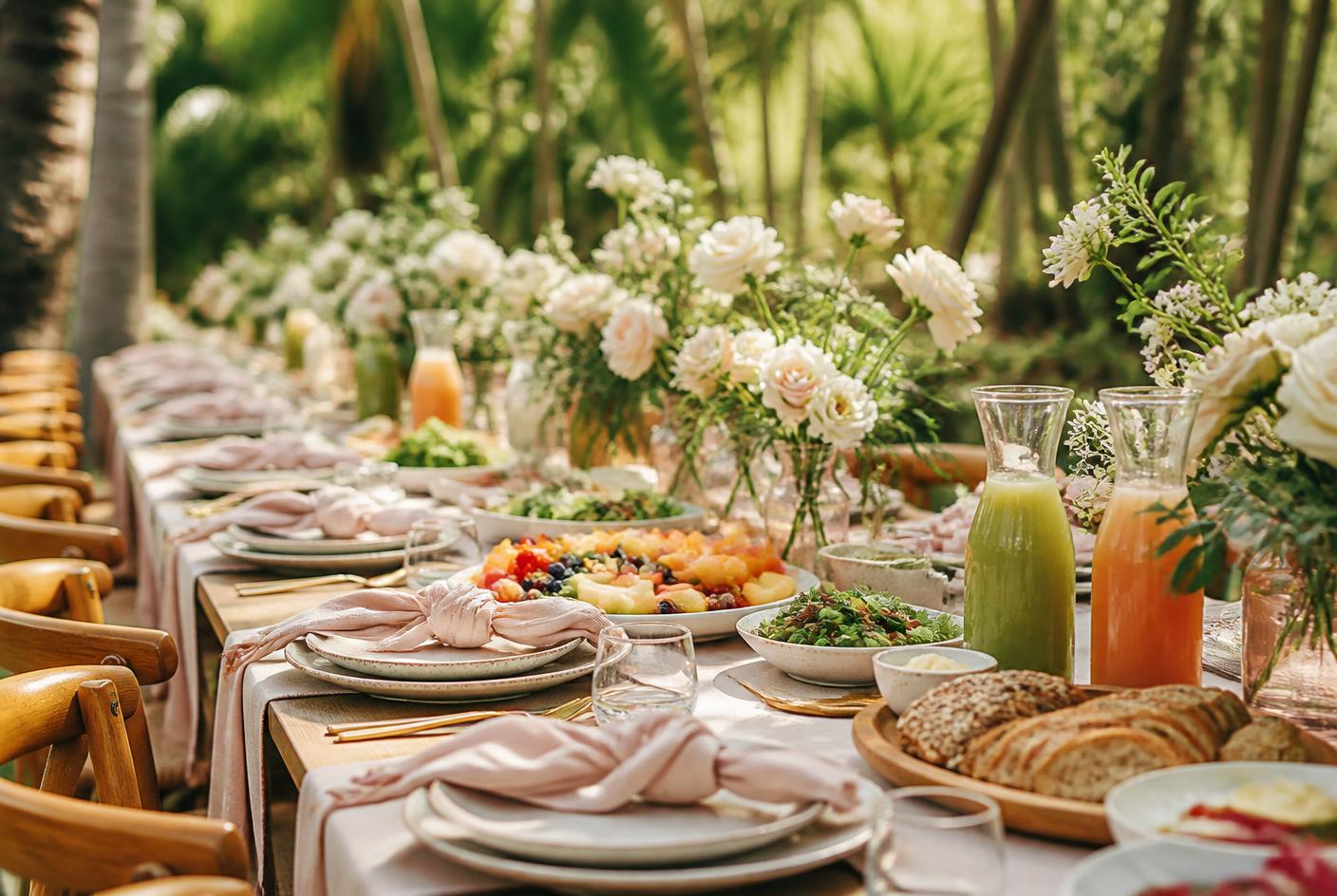 Buffet saudável sofisticado com frutas, saladas e sucos naturais
