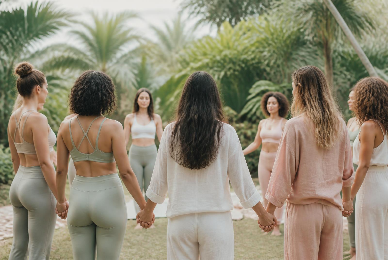 Círculo de mulheres de mãos dadas em um jardim tropical, em tons pastéis